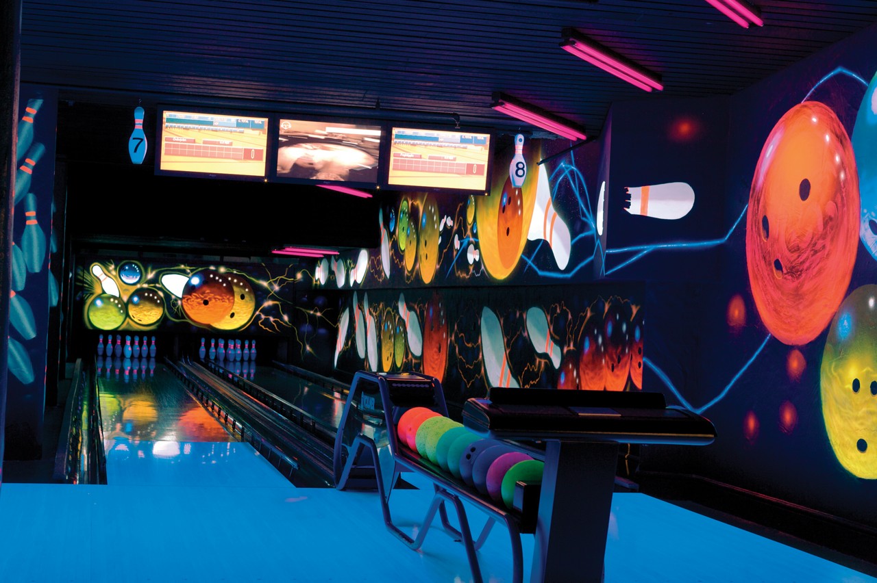 Glow in the dark bowling lanes.