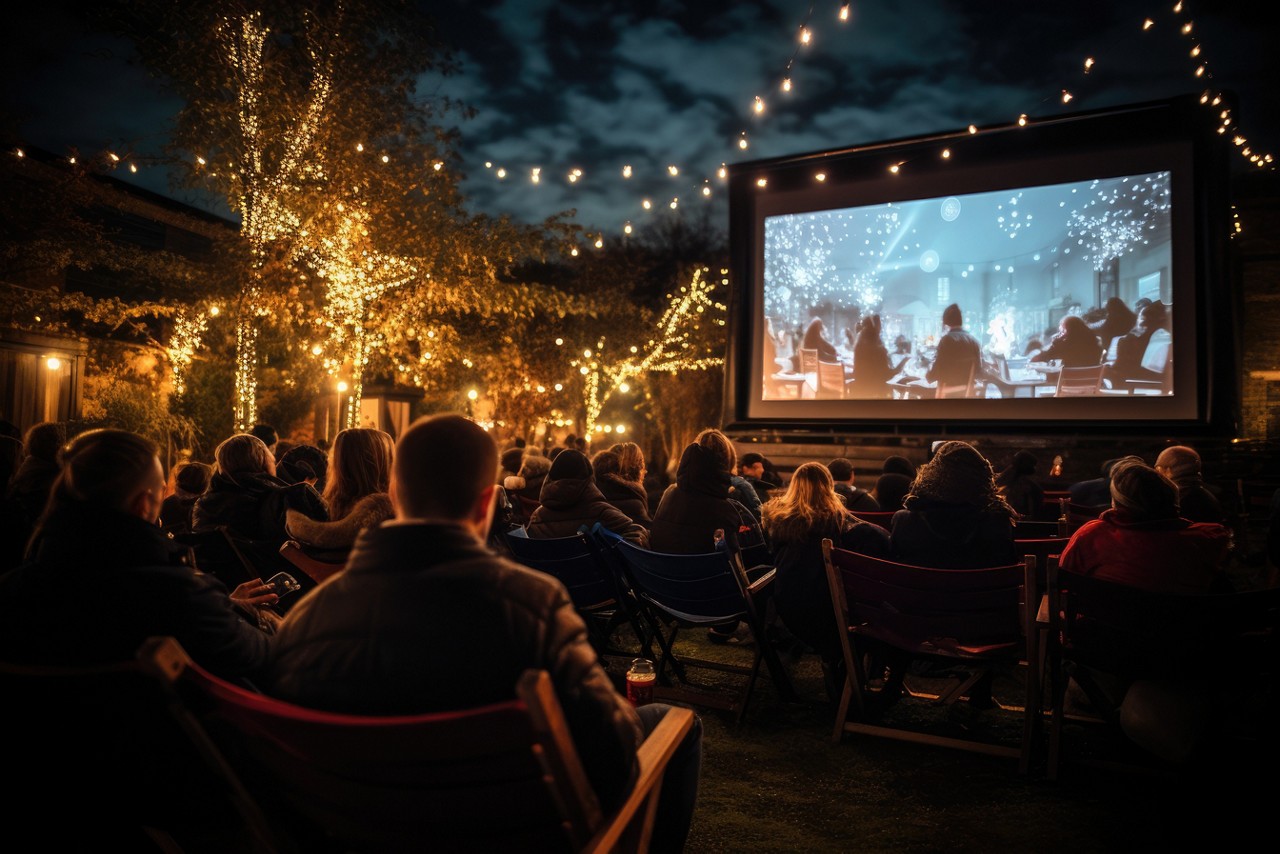 Group sitting watching a movie in an outdoor cinema experience.