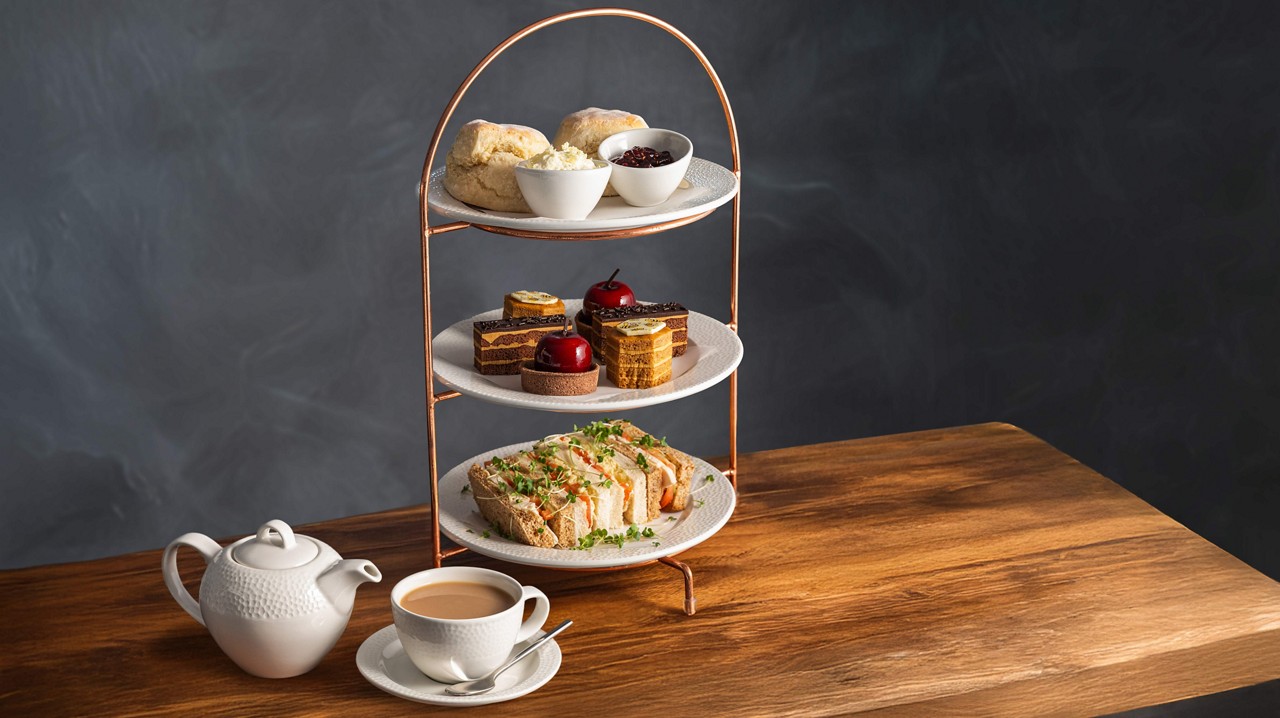 Three-tier afternoon tea stand displays scones with cream and jam, assorted pastries, and finger sandwiches; accompanied by teapot and cup of tea on a wooden table against a dark backdrop.