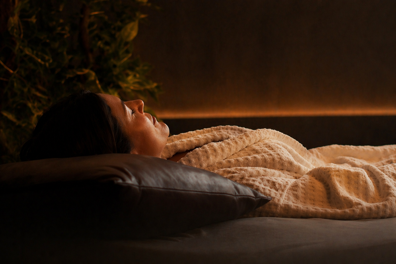 Woman laid back wearing a fluffy spa robe.